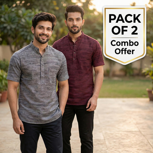 🌿 Modern Heritage: Pack of 2 Men's Premium Textured Short Kurtas 🌿