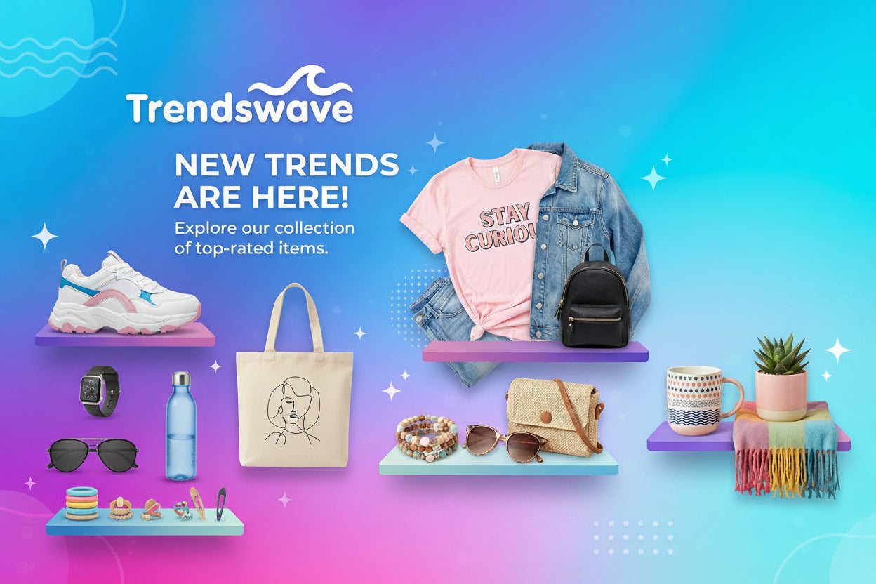 Trendswave homepage with various products on shelves against a colorful gradient background