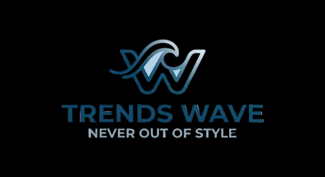 A logo-style graphic with a stylized blue 'W' and the words 'TRENDS WAVE' and 'NEVER OUT OF STYLE' on a light cream background.